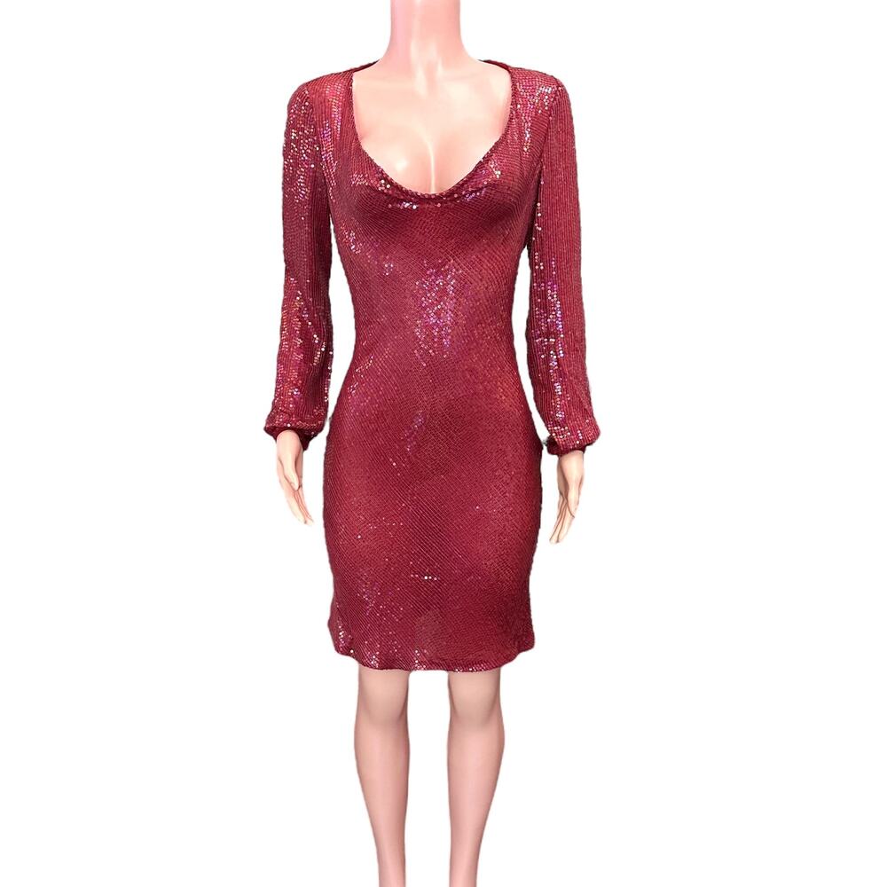 Vintage Hugo Buscati Deep Red Sequin Dress 1980s Cowl Neck Long Sleeve Silk Sz 4